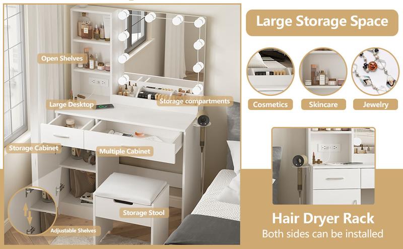 Vabches Vanity Desk with Mirror and Lights,Makeup Vanity with 2 Drawers Lots Storage,Vanity Table with Lighted Mirror,3 Lighting Colors, Brightness Adjustable,35in(L)