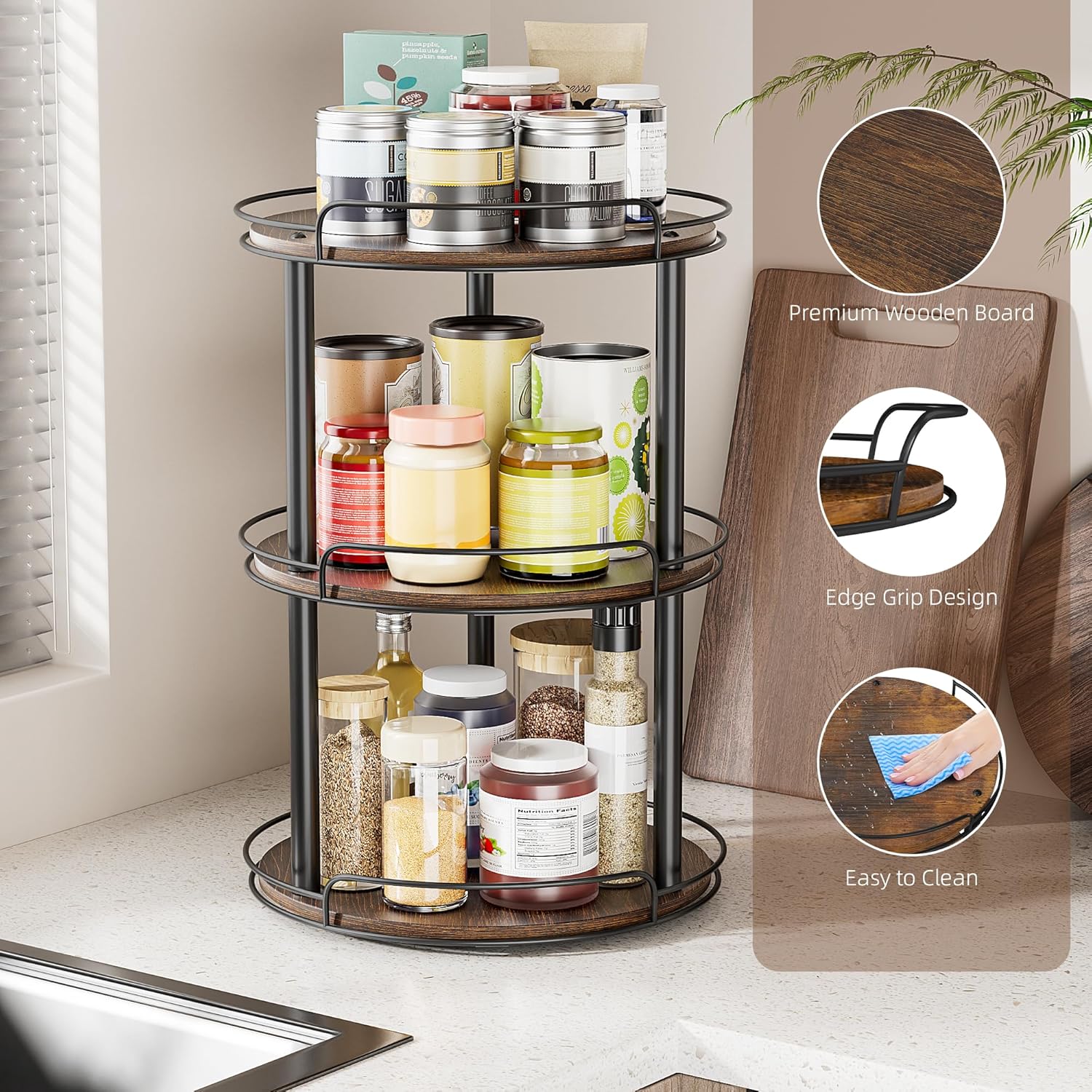 12.2'' Wood Lazy Susan Turntable Organizer for Cabinet, 3 Tier Lazy Susan Spice Rack Organizer for Kitchen, Table Top, Countertop, Pantry, Bathroom