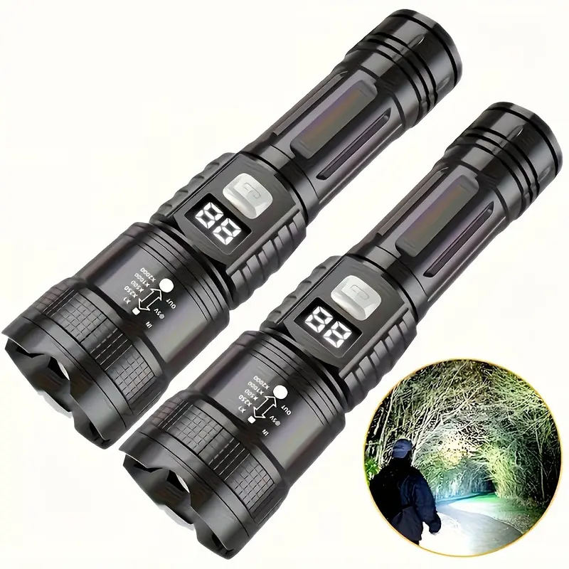 2 Pack Rechargeable Handheld LED Flashlights with Zoomable Spotlight, USB-Charging Ultra-Bright Flashlights with Battery Level Indicator, Ideal for Camping, Hiking, Emergencies, and Travel, Outdoor Flashlight, Portable LED Flashlight