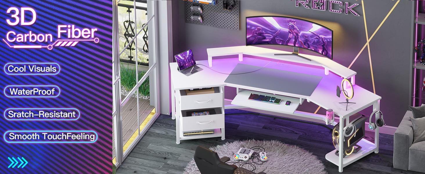 Sikaic 79 Inches Wing Shaped LED Gaming Desk With 2 Fabric Drawers Storage Shelf