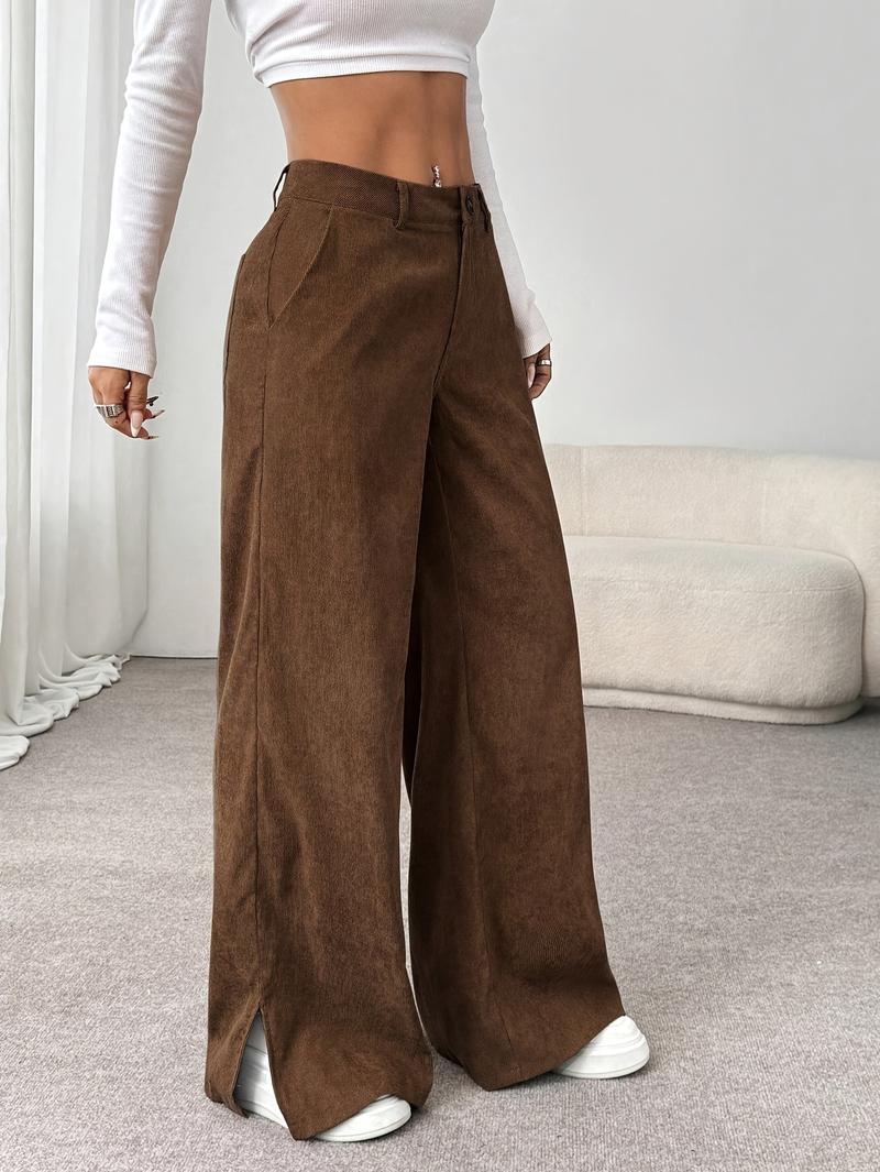 Women's Elegant Fashion Corduroy Pants, Fall Winter New Style Straight Leg Split Hem Long Trousers, Casual Wear for Women, Casual Lounge Pants
