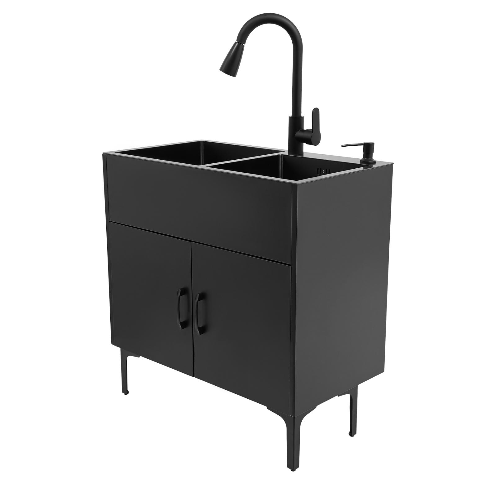 Laundry Utility Sink with Cabinet & Pull-Down Faucet Freestanding Stainless Steel Utility Sinks with 2 Doors Deluxe Bouble Kitchen Sink Wash Station Tub for Laundry & Kitchen, Bathroom(Black)