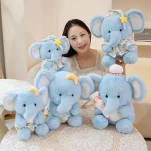 Sweet Blue Little Elephant Plush Toys Handmade Fluffy Cartoon Dressed Elephant Doll Gentle Kids Appease Doll Birthday Xmas Gift