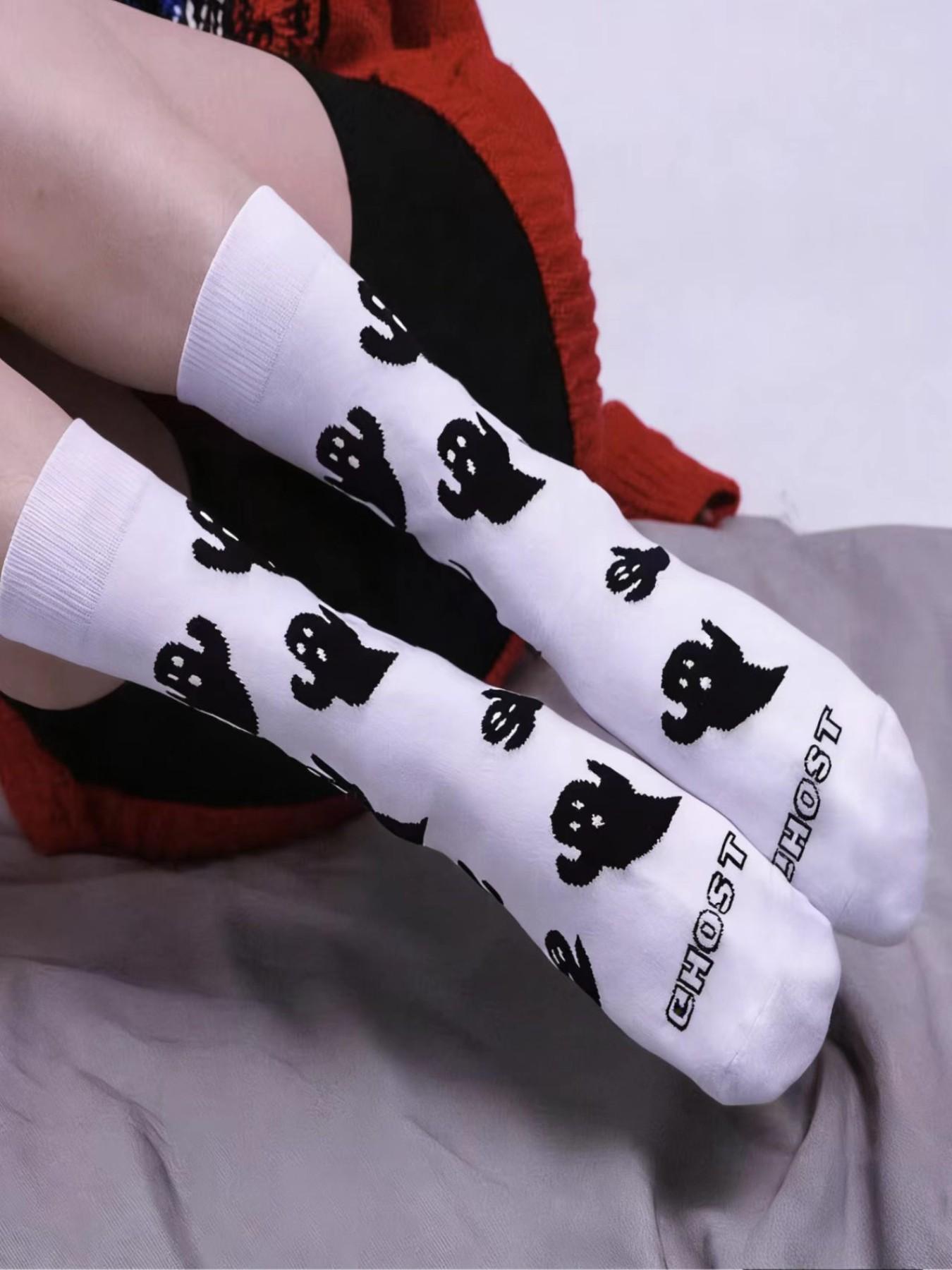 4 Pairs Unisex Cute Ghost Print Crew Socks, Fun Casual Streetwear Socks