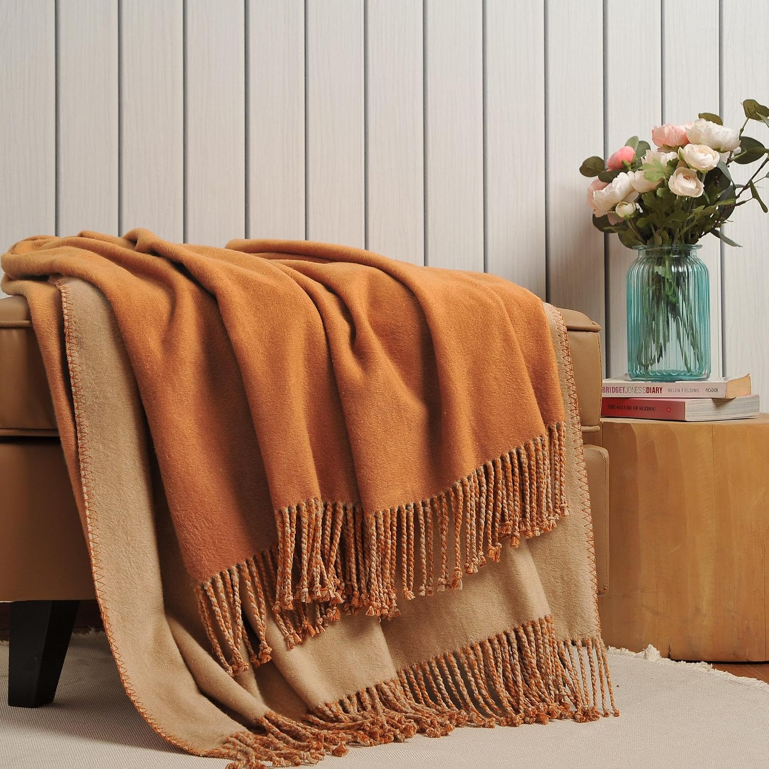 Reversible Fringed Mulberry Silk Throw Blanket for Sofa (Caramel/Beige)