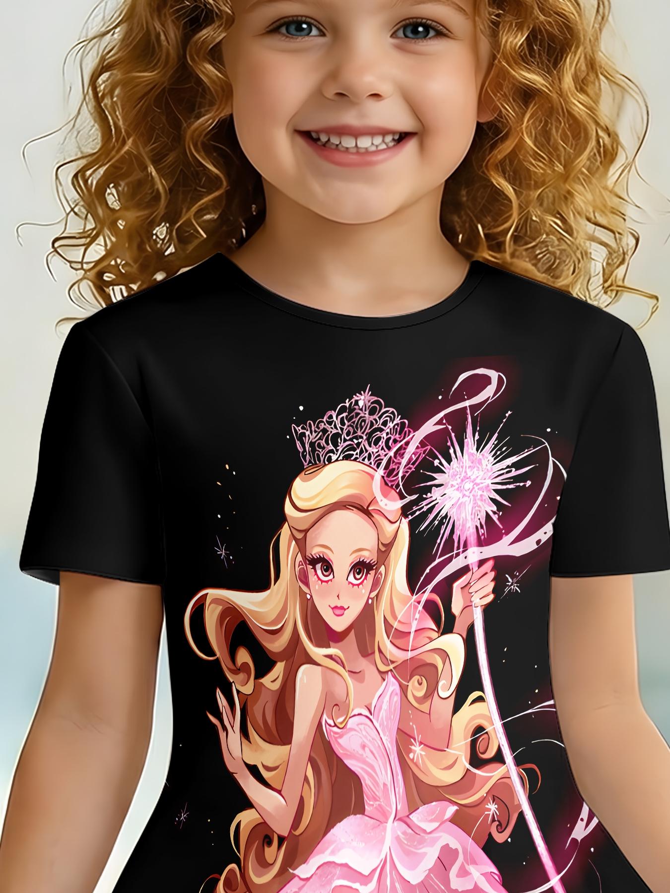 Girls Summer Pink Gown Princess Print Dress, Kids Black Background Magic Scepter Crew Neck Short Sleeve A-Line Dress