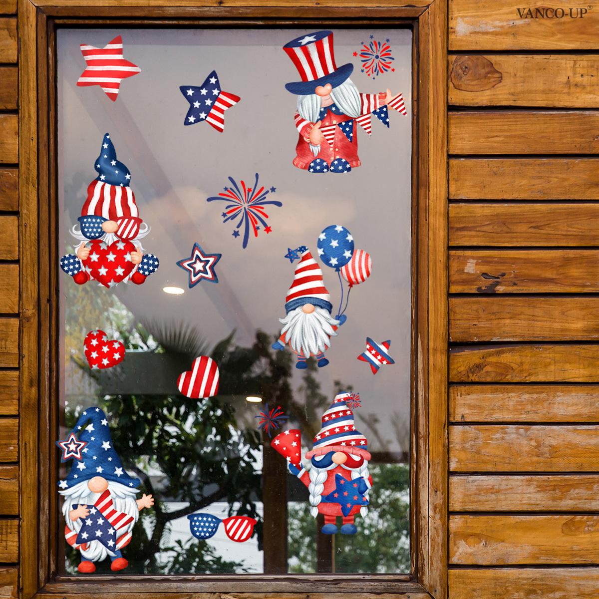 Set of 2 Pcs 30×30cm Independence Day Cartoon Stars & Stripes Gnome Double-Layer Static Window Clings for Bedroom Kids Room Glass Festival Decor