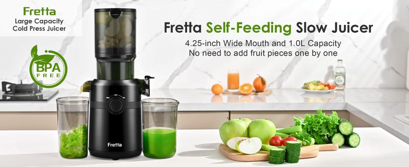 Fretta Cold Press Juicer Machine, 4.25" Large Feed Chute, Compact Juicer Machines for Fruits & Vegetables, Sleek Design Personal Size Tritan BPA-Free Fretta Cold Press Juicer Machine, 4.25" Large Feed Chute, Compact Juicer Machines for Fruits & Vegetables, Sleek Design Personal Size Tritan BPA-Free