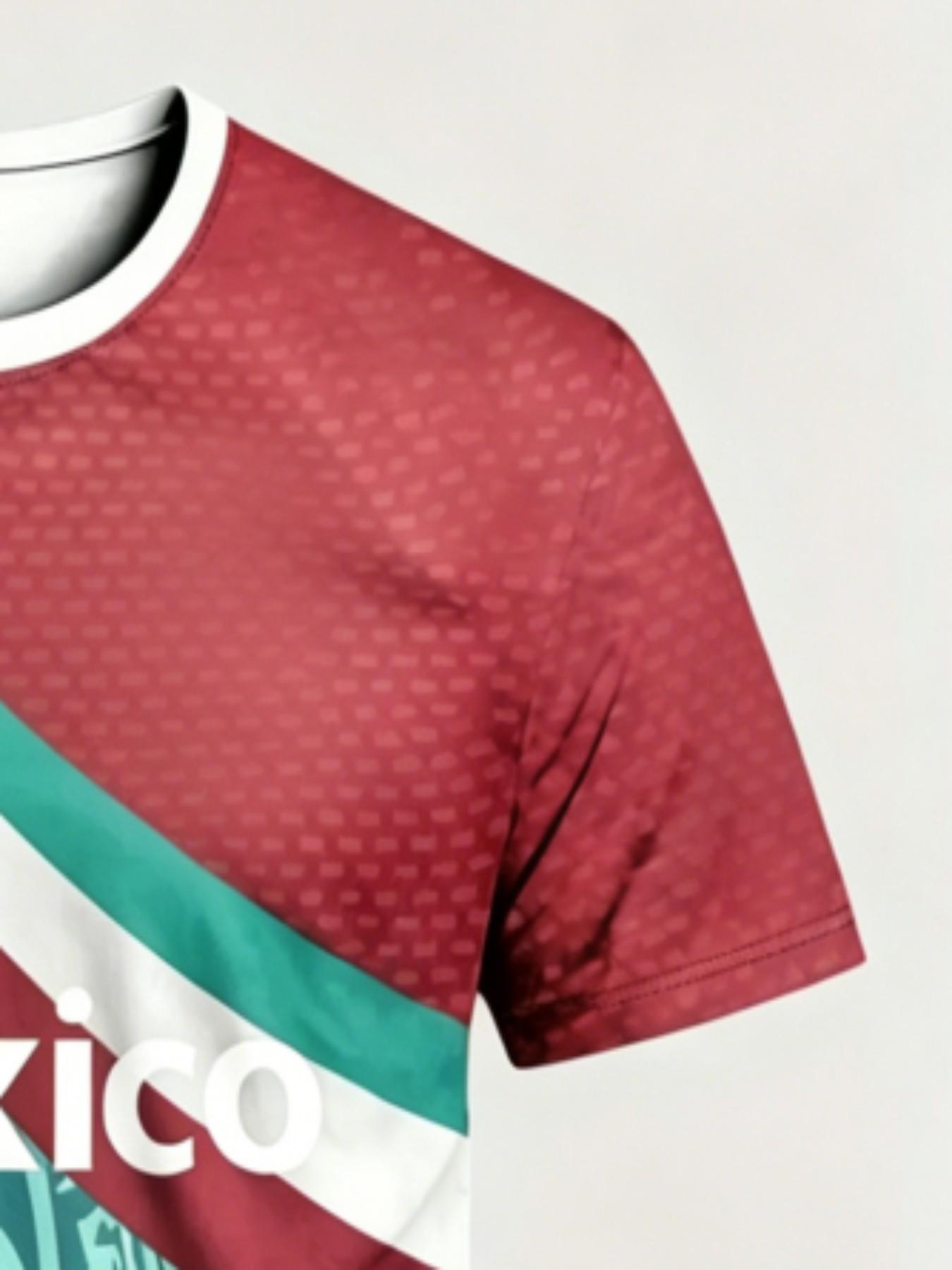 Men's Mexican Aztec Sunstone Flag Sport T-Shirt, Street Style Round Neck Short Sleeve Top, Geometric Pattern, All Seasons