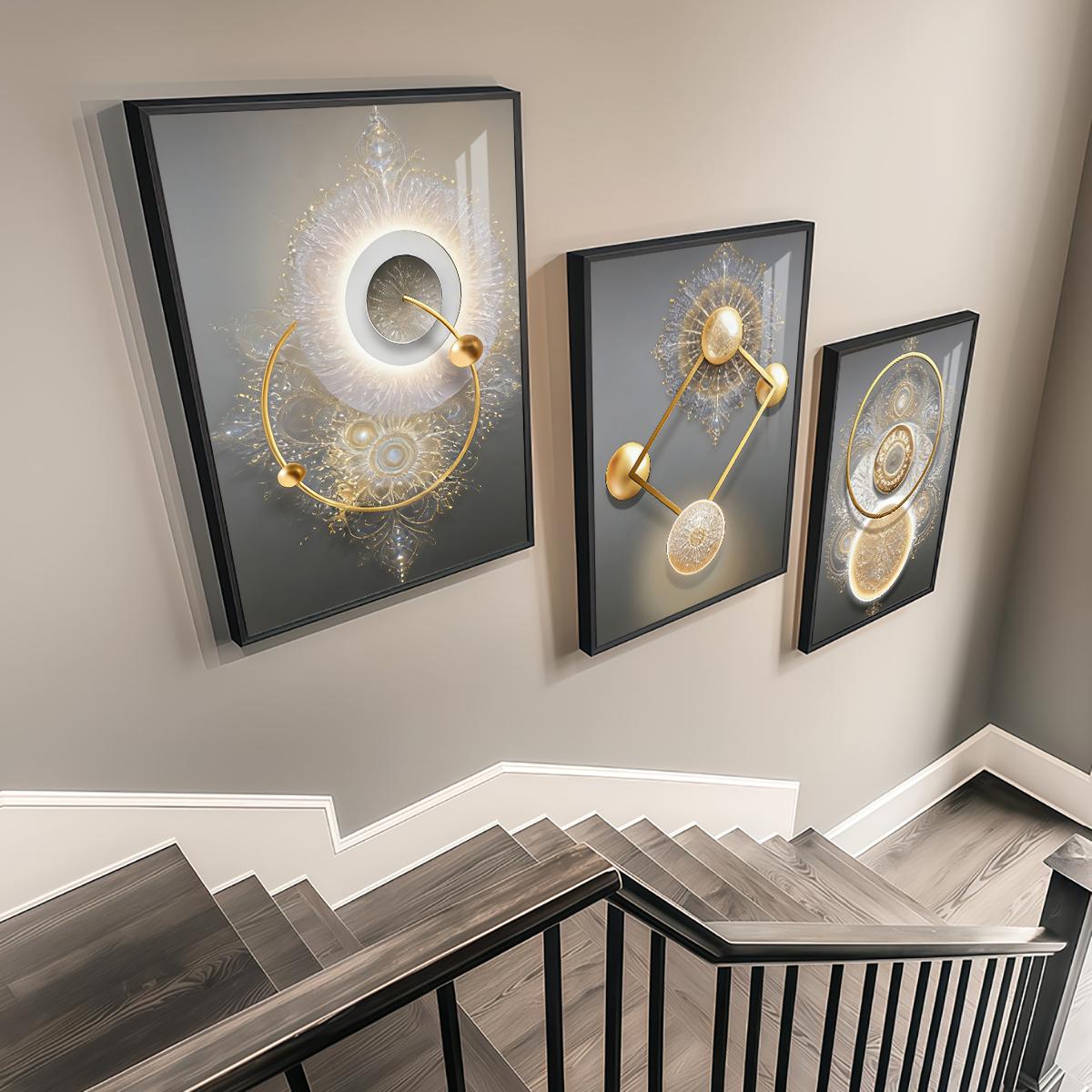 3 Counts Aluminum Alloy Framed Painting, Golden Abstract Geometry Light Art, Home Decoration For Living Room, Bedroom, Office, Restaurant, Hallway Wall Decor, Odorless Print Artwork, Luxury Perfect Gift For Friends And Family