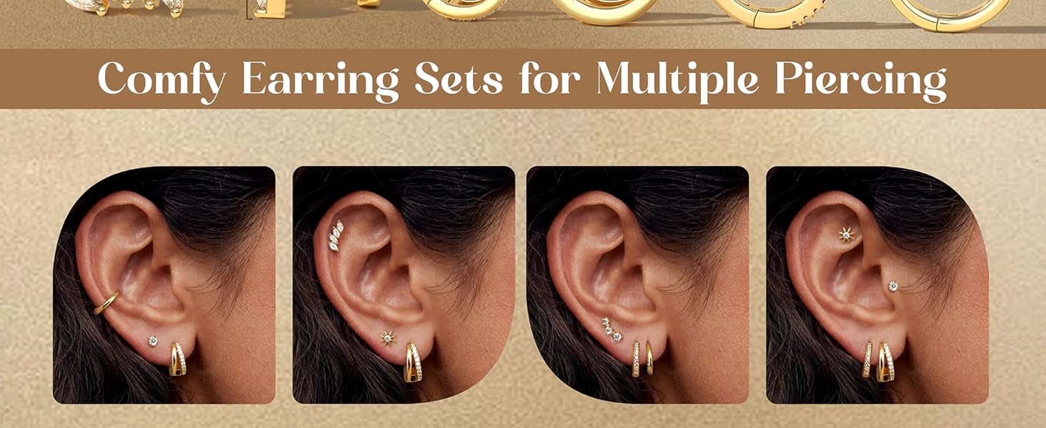 MILACOLATO 6 Pairs 14K Plated Gold Small Hoop Earrings for Women, Hypoallergenic Silver Stackable Cartilage & Stud Earring Set, Dainty Huggie Stacks Set for Multiple Piercings