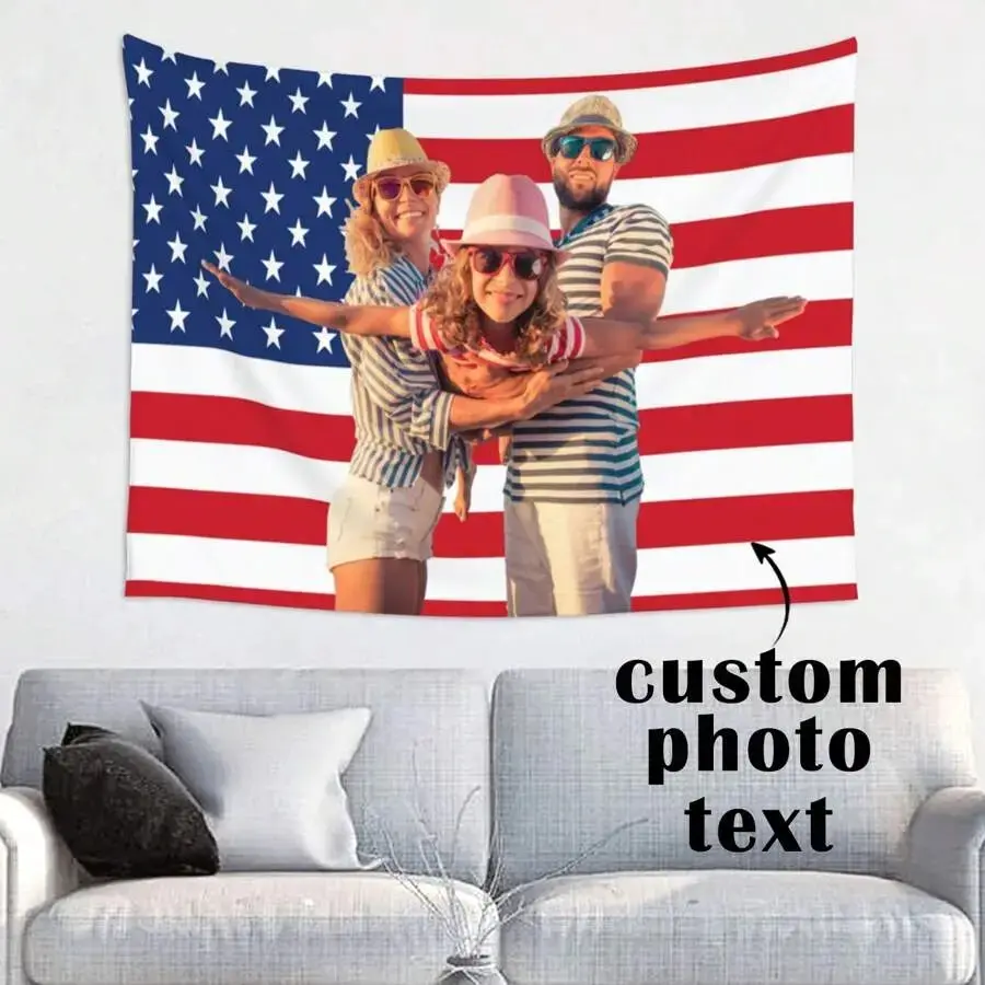 Custom America Flag Print Tapestry - Personalized Polyester Fiber Rectangular Home Decor, Room Decor, Add Your Own Image/Text for Indoor-Outdoor Use to Create Warm Ambience