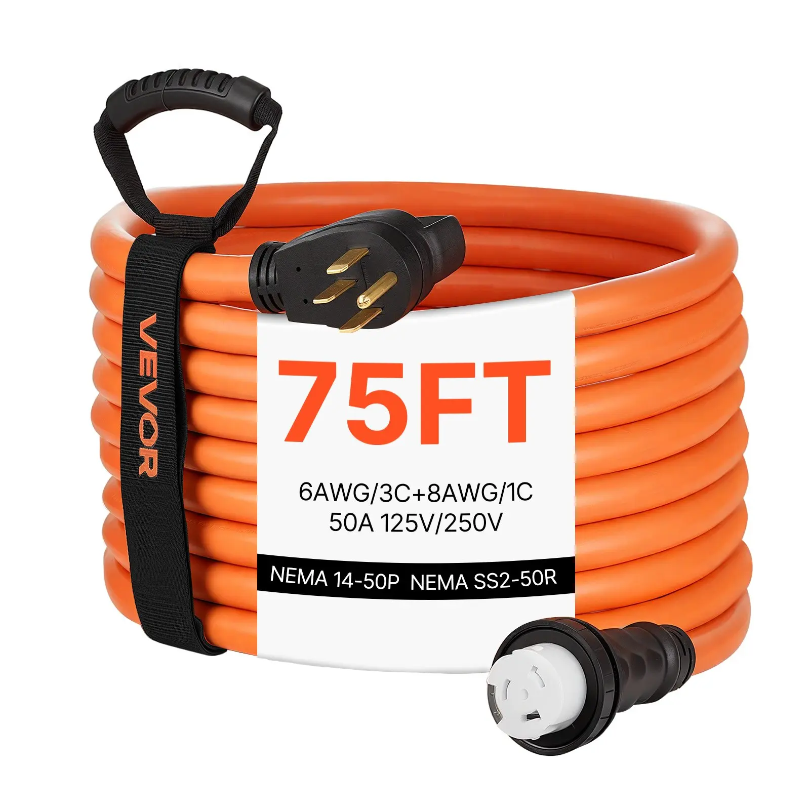 【toolupgrade】VEVOR 50-Amp Heavy-Duty Generator Cord, 75ft 6AWG/3+8AWG/1 125/250V Cable with NEMA 14-50P to SS2-50R Twist Lock, Grip Handle, Coiled Strap, for Outdoor Power Transfer, RV Users, House, Orange