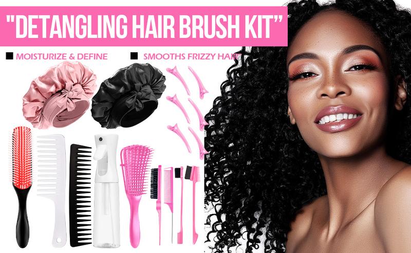 Pink Hair Brush Set 16 Counts Detangler Wide Tooth Comb Satin Bonnet Nylon Bristle Brush Edge Tool Kit for Curly Hair Styling  Anti Static Hairbrush