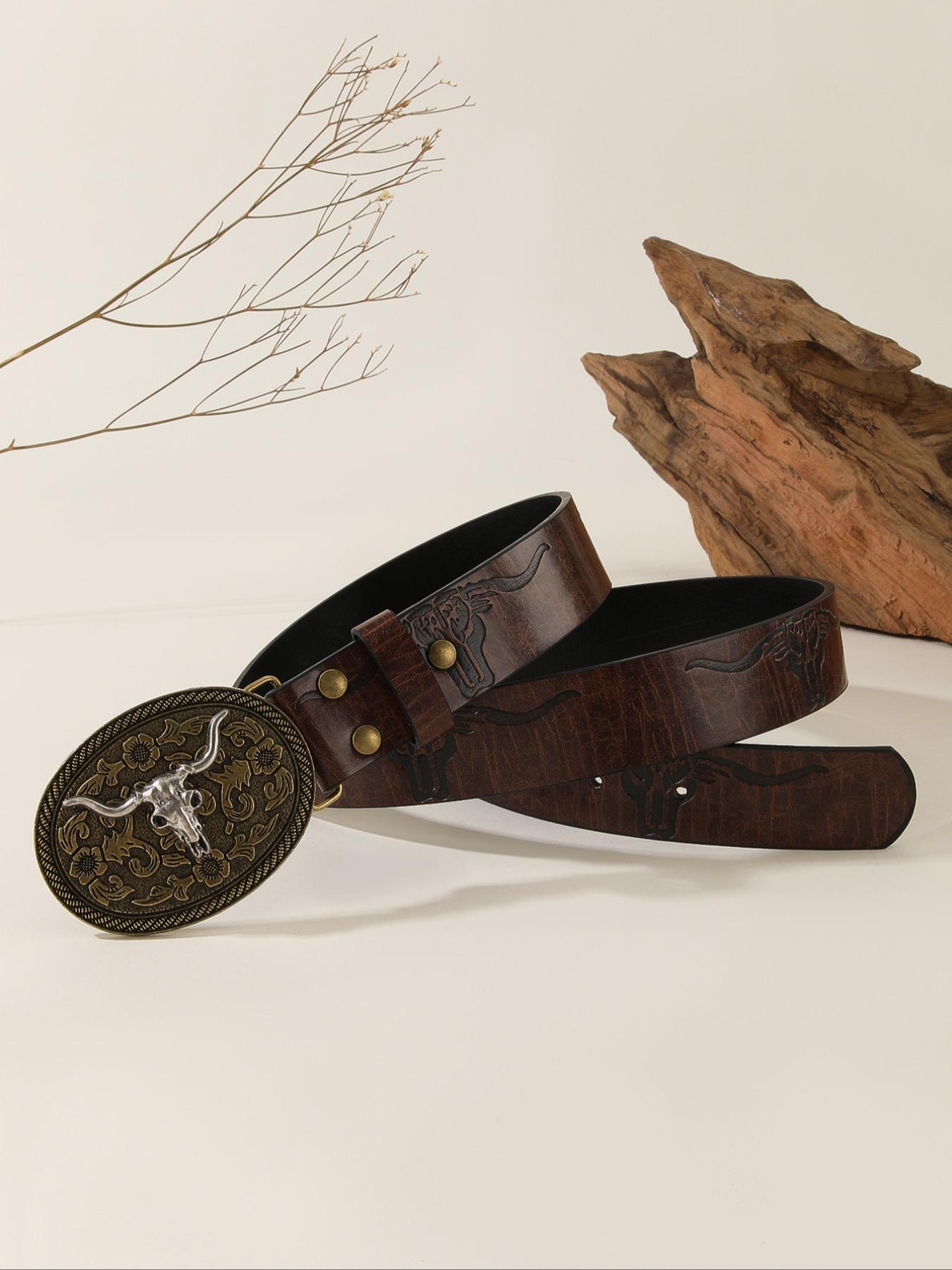 Vintage Flowers Embossed Western Belt with Cow Decor Buckle, Western Belt Buckles, Fashion All-match Cowboy Waistband for Jeans, Trendy Accessories for Daily Life