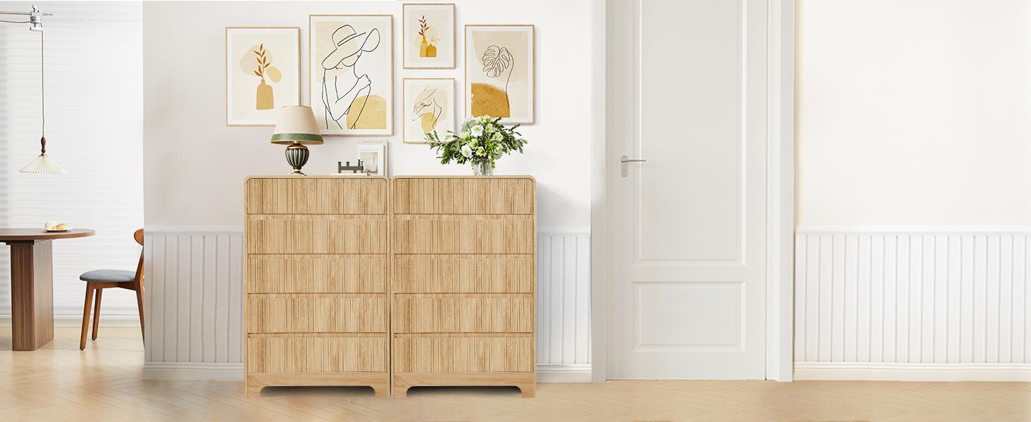 Giratree 45" Tall Mid Century Modern 5-Drawer Dresser, Curved Wood Storage Cabinet for Bedroom & Living Room, Stylish Vertical Organizer