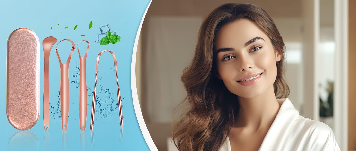 4-Pack Tongue Scraper for Adults and Kids, 100% Stainless Steel Tongue Scraper with Travel Case, 4 Shapes, Perfect for Bad Breath & Oral Hygiene, Easy to Use and Carry, Rose Gold