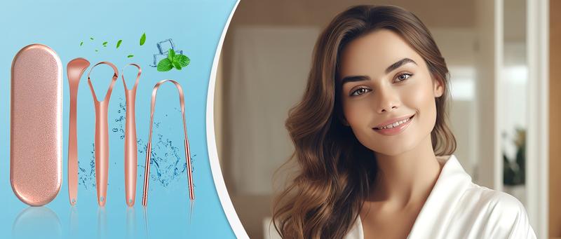 4-Pack Tongue Scraper for Adults and Kids, 100% Stainless Steel Tongue Scraper with Travel Case, 4 Shapes, Perfect for Bad Breath & Oral Hygiene, Easy to Use and Carry, Rose Gold