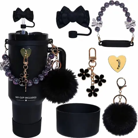 7‑Piece Tumbler Mug Accessory Set, Bohemian‑Style Lanyard, Minimalist Floral Decoration, Non‑Slip Cup Holder, Silicone Straw Cap, Elastic Silicone Drawstring Ring, Heart‑Shaped Hook and Plush Hairball, Decor Kit Compatible with 30oz & 40oz Vacuum Insulate
