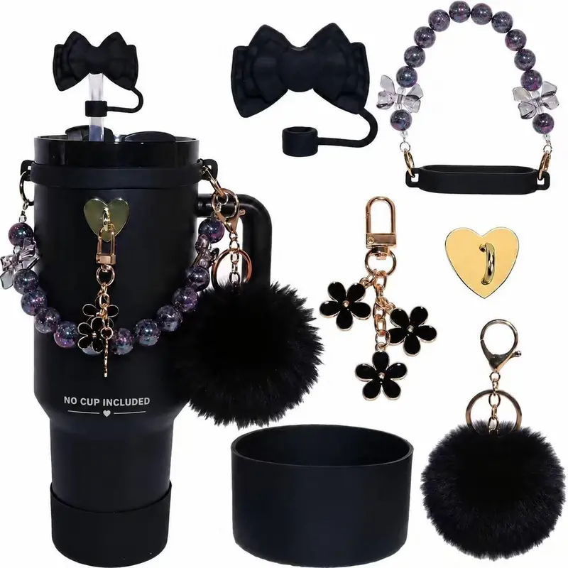 7‑Piece Tumbler Mug Accessory Set, Bohemian‑Style Lanyard, Minimalist Floral Decoration, Non‑Slip Cup Holder, Silicone Straw Cap, Elastic Silicone Drawstring Ring, Heart‑Shaped Hook and Plush Hairball, Decor Kit Compatible with 30oz & 40oz Vacuum Insulate