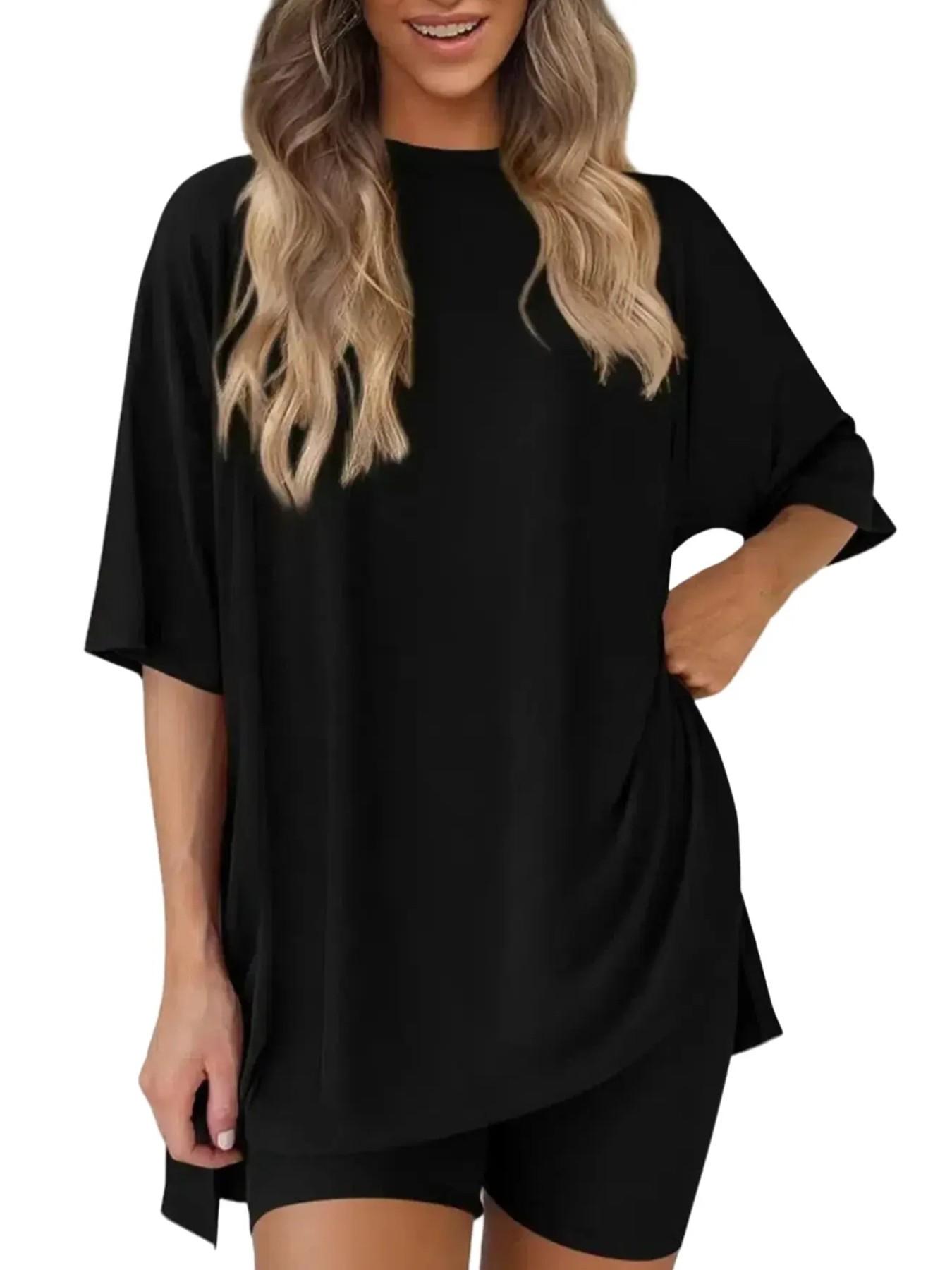 Women's Solid Color T-Shirt and Tight Shorts Set, Casual Summer Comfort Round Neck Sleepwear, Pocket Design, Outdoor Wear Women's Solid Color T-Shirt and Tight Shorts Set, Casual Summer Comfort Round Neck Sleepwear, Pocket Design, Outdoor Wear