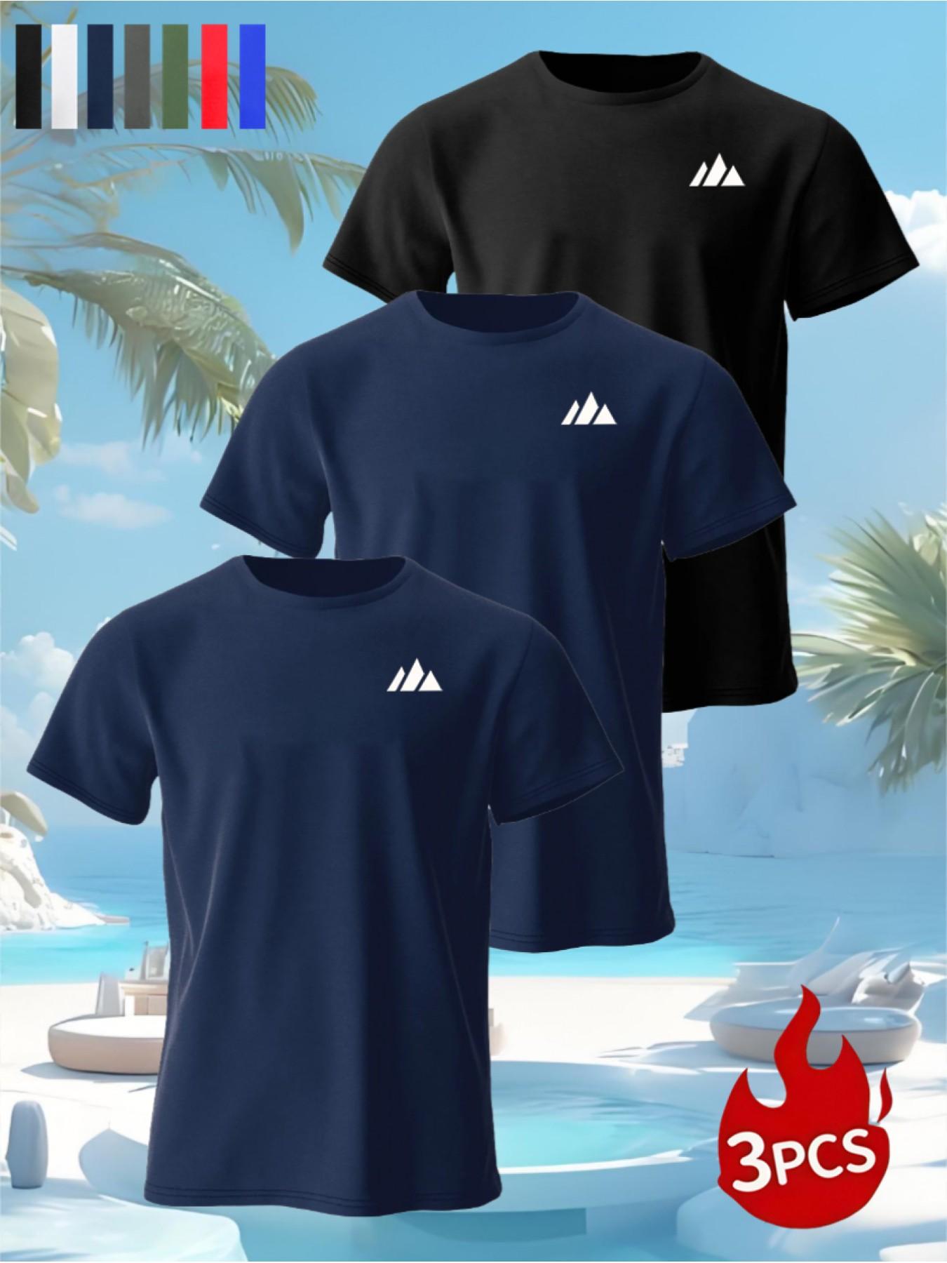 3-Pack Summer Sporty Mountain Print T-Shirts, Soft Breathable Polyester Crew Neck, Casual Comfort, Smooth Touch, Multiple Colors Available