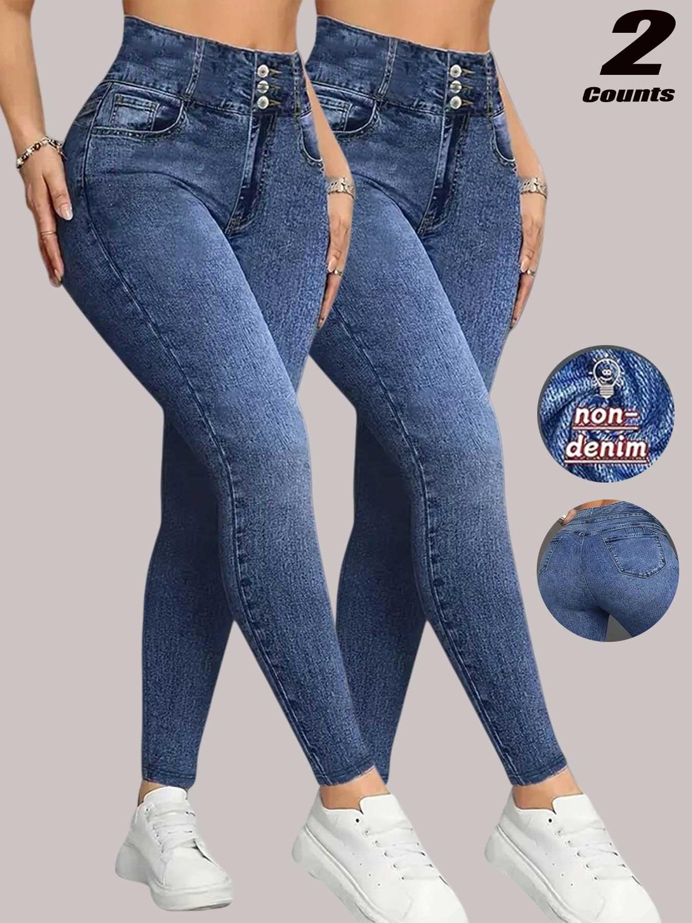 Women's High Waisted Stretch Denim Look Bottoms, Slim Fit Long Pants, Casual Sporty High Waist Butt Lifting Breathable Inner Layer Outerwear