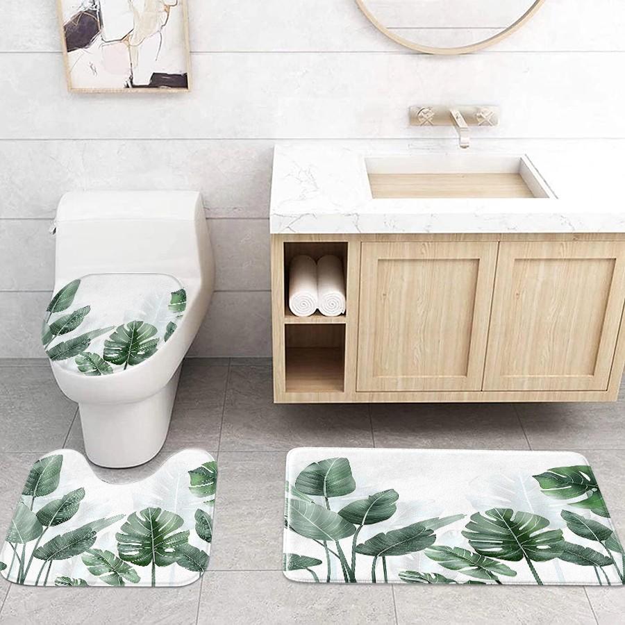[Popular Choice]1pc/4pcs, bathroom curtains shower, shower curtain set, shower curtains, bathroom decor,bathroom rug, home decoration, bath mat, tortoise shell bamboo pattern, tropical plant theme decoration, with 12 hooks.