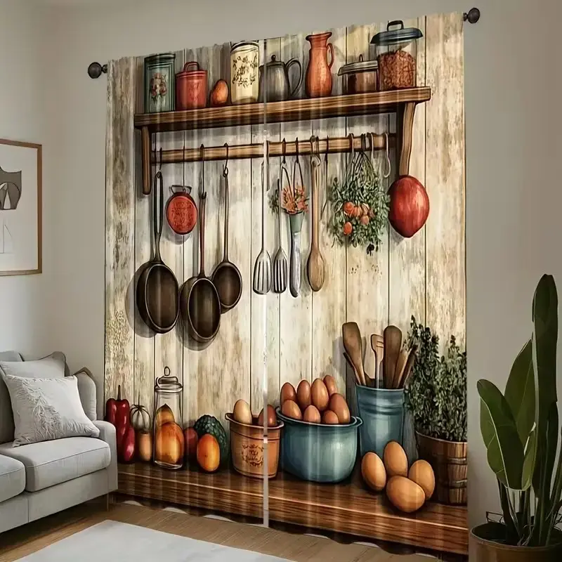 Vintage Kitchen Utensil Printed Curtains 2 Panels, Home Decoration Curtain, Farmhouse Cooking Tool Art Polyester Decorative Window Drapes