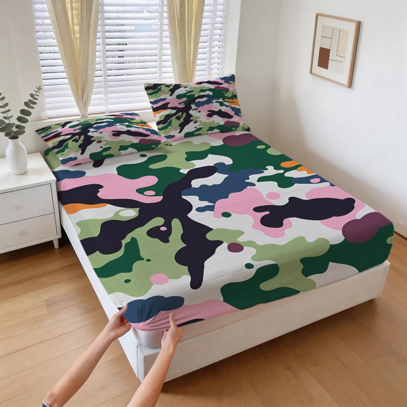 Camouflage Themed Bed Sheet, Soft And Comfortable Bedding Set (1 Bed Sheet+2 Pillowcases, No Pillow Core), Suitable For Teenagers And Adults, Bedroom, Dormitory, And Guest Room Scenes
