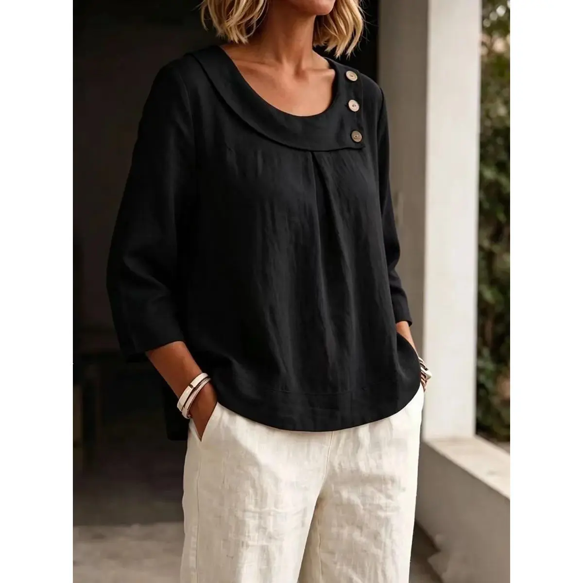 Split-Joint Solid Color Pleated Buttoned Asymmetric Loose Long Sleeves U-neck Blouses&shirts Tops