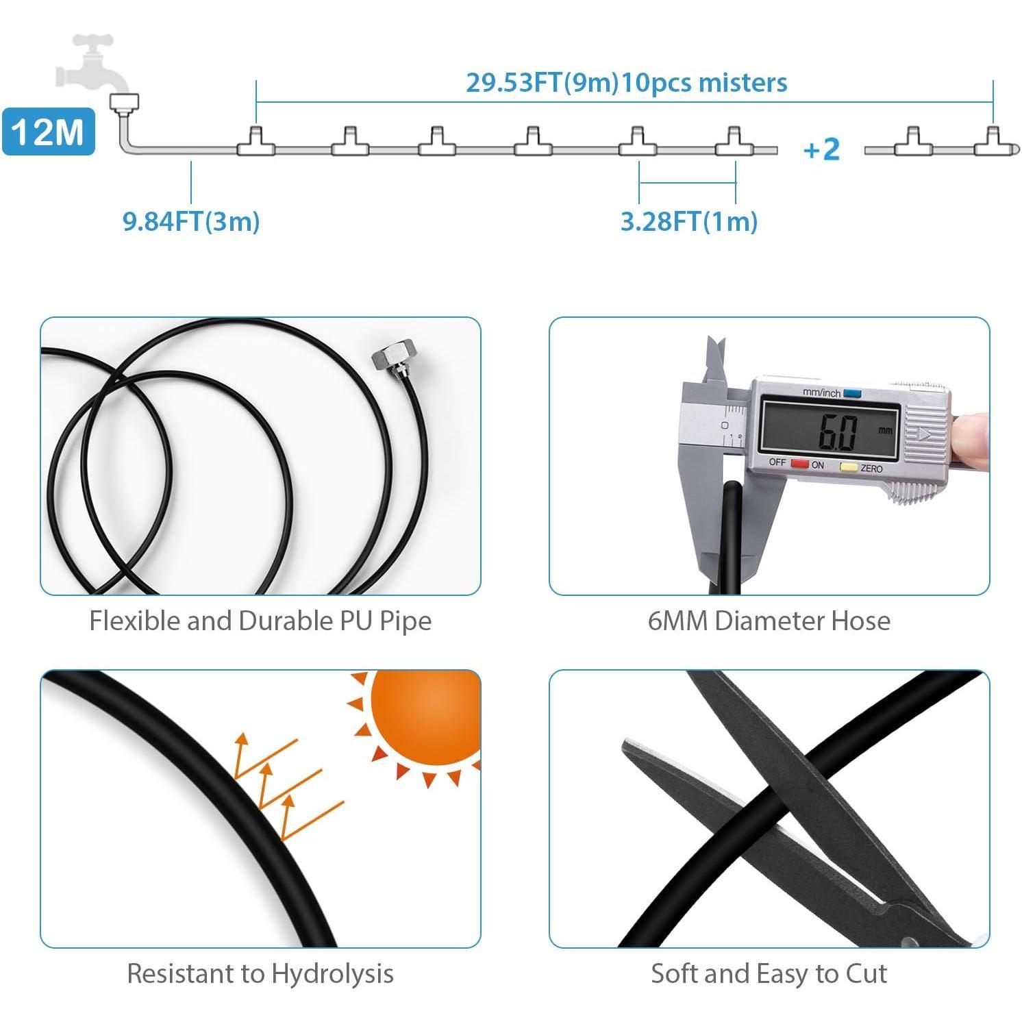 Misting Cooling System, Outdoor Misting System for Patio, 40 FT Misting Line+10 Mist Nozzles+3/4" Brass Adapter,Outdoor Mister System for Patio Garden Trampoline Greenhouse