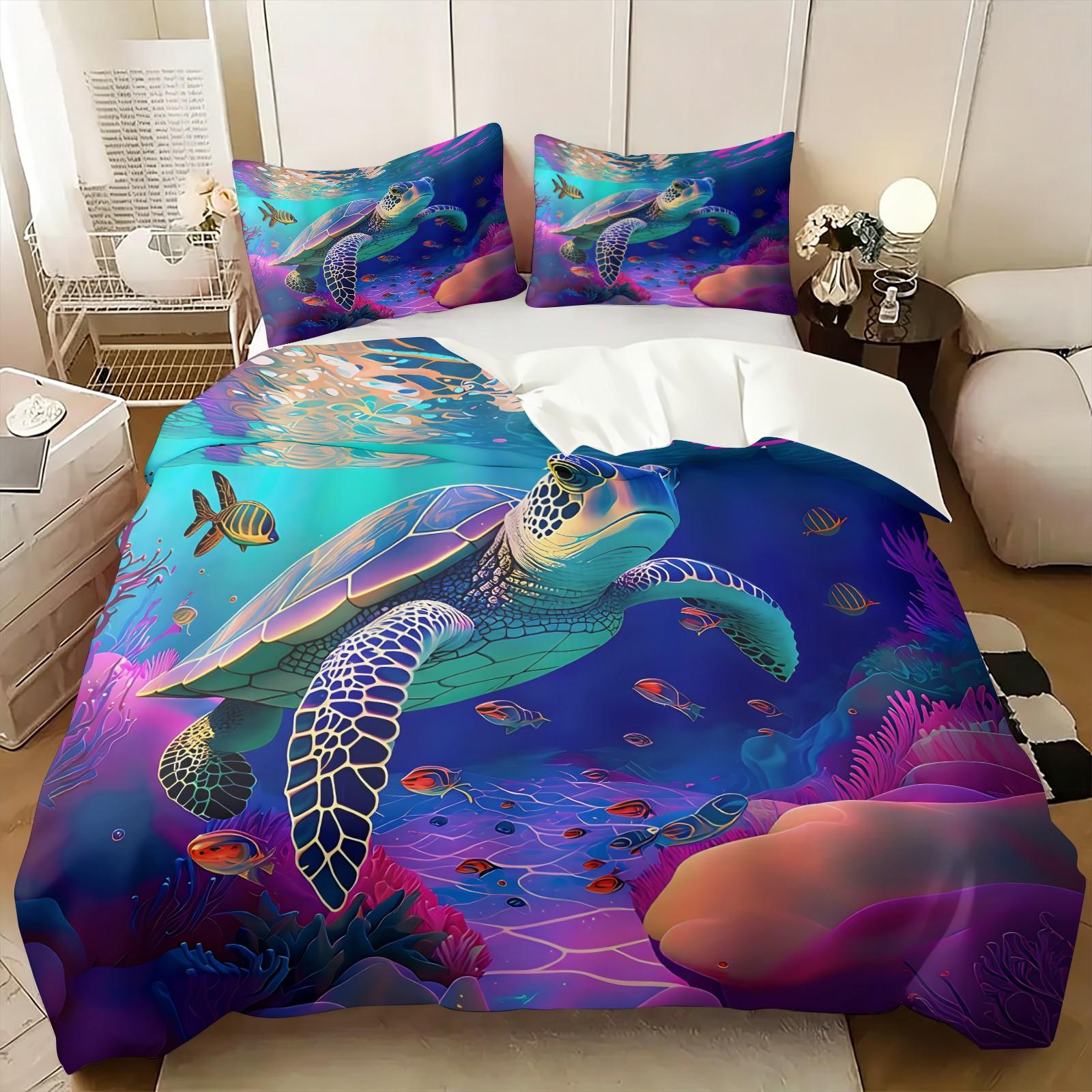 Neon Rainbow Sea Turtle Coral Underwater Ocean Duvet Cover Set, 1 Duvet Cover + 1/2 Pillowcases, Soft Skin-Friendly All Season Bedding, Perfect Sentimental Gift For Sea Turtle Lovers, Kids & Colorful Aquatic Bedroom Decor, Soft Bedding Sets