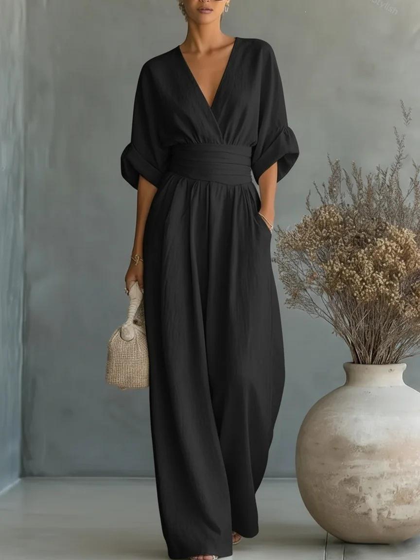 European and American new Amazon solid color elegant waist cinched V-neck temperament women's jumpsuit for women