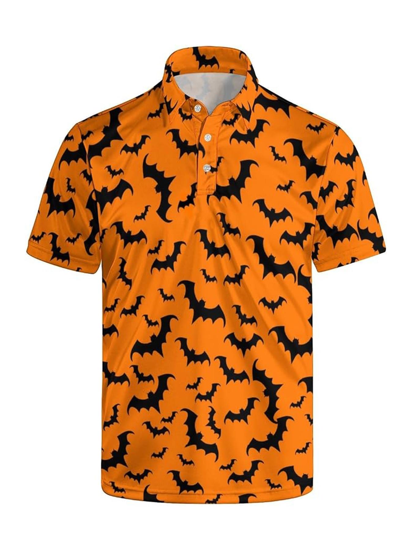 Men's Halloween Theme Polo Shirt, Hand-Drawn Skull Ghost Tombstone Pattern, Short Sleeve, Breathable, Festive Casual Golf Top,Unisex (Recommended ordering one size up),polo shirt for men,deals of the day，halloween costumes for men，halloween costumes