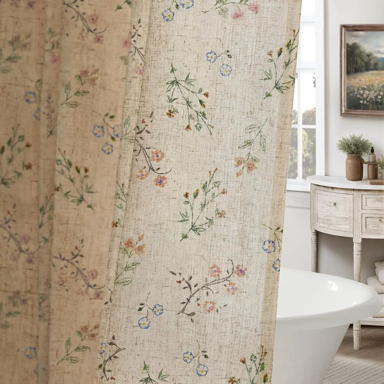 Floral Farmhouse Vintage Linen Shower Curtain French Country Decor 72Wx72H French Country Floral Shower Curtains with Linen Texture for Bathroom Decor