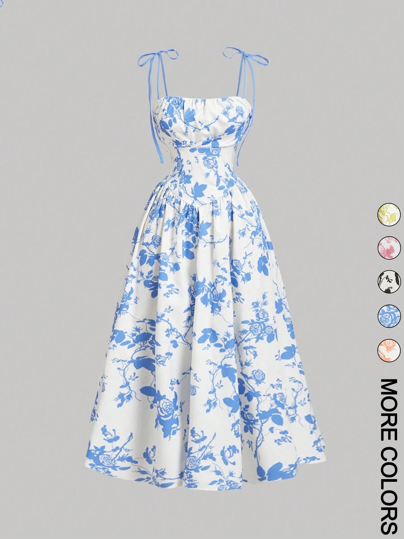 Women's Floral Print Tie Shoulder Cami Dress, Fashion Casual Sleeveless Spaghetti Strap Dress for Daily Outdoor Wear, Women Dress for Summer Women's Floral Print Tie Shoulder Cami Dress, Fashion Casual Sleeveless Spaghetti Strap Dress for Daily Outdoor Wear, Women Dress for Summer