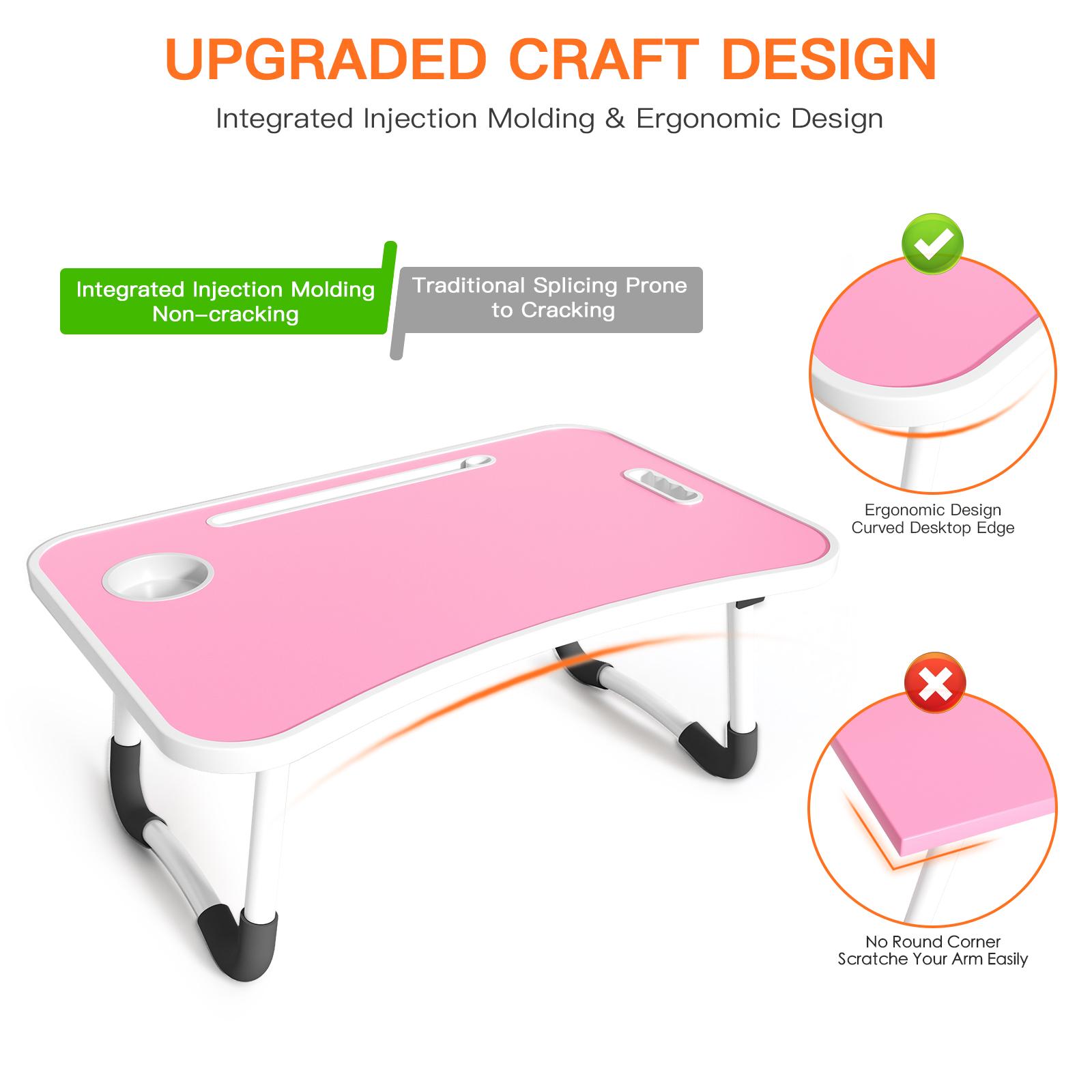 PHANCIR Laptop Desk with 4 USB Charge Port, 23.6" Foldable Wood Laptop Desk with Mini Fan/Light, Durable Edge with Slots Cup Holder & Drawer, for Reading Writing Eating & On-the-Go Use