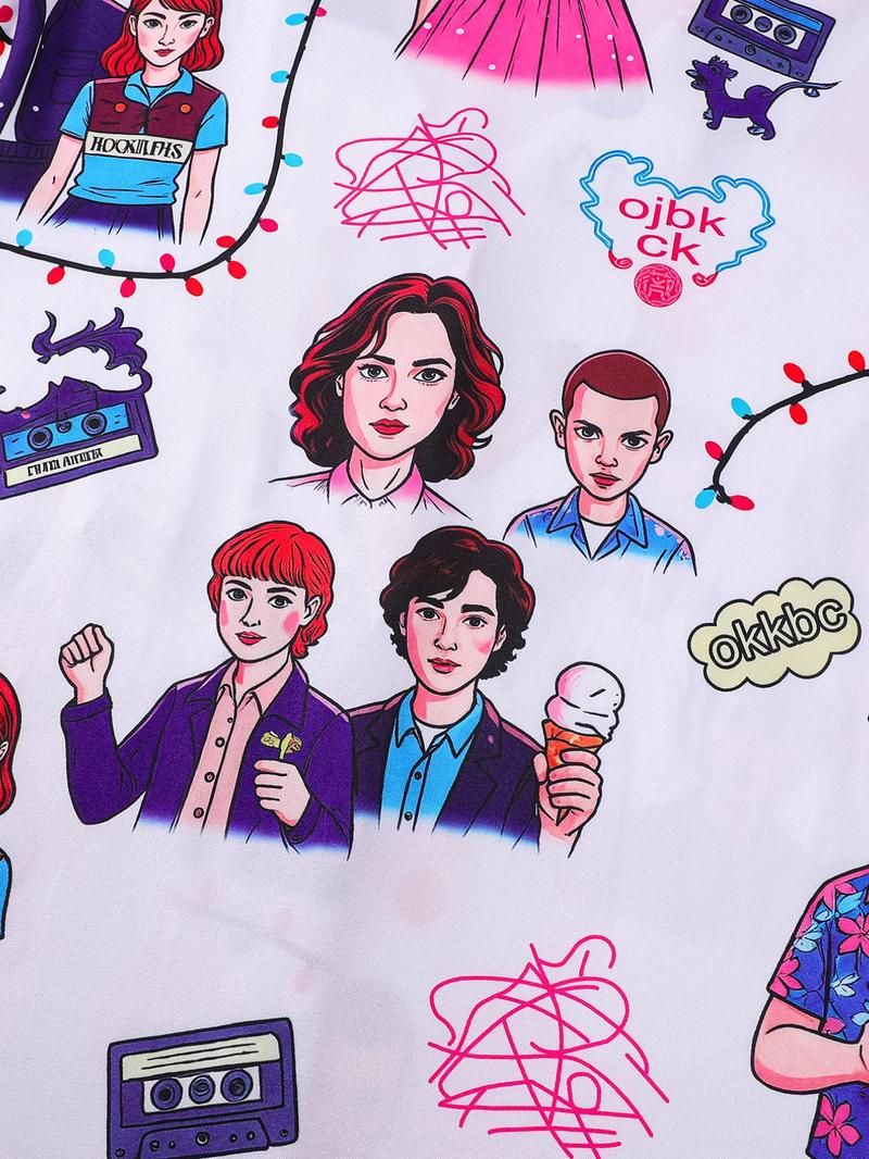 2-Piece 80s Retro Character Print Pajama Set Loungewear - Retro TV Series Themed Short-Sleeve Pants (Button-Up Collar + Elastic Waist) - Suitable for Adults at Home / TV Binge-Watching 2-Piece 80s Retro Character Print Pajama Set Loungewear - Retro TV Series Themed Short-Sleeve Pants (Button-Up Collar + Elastic Waist) - Suitable for Adults at Home / TV Binge-Watching