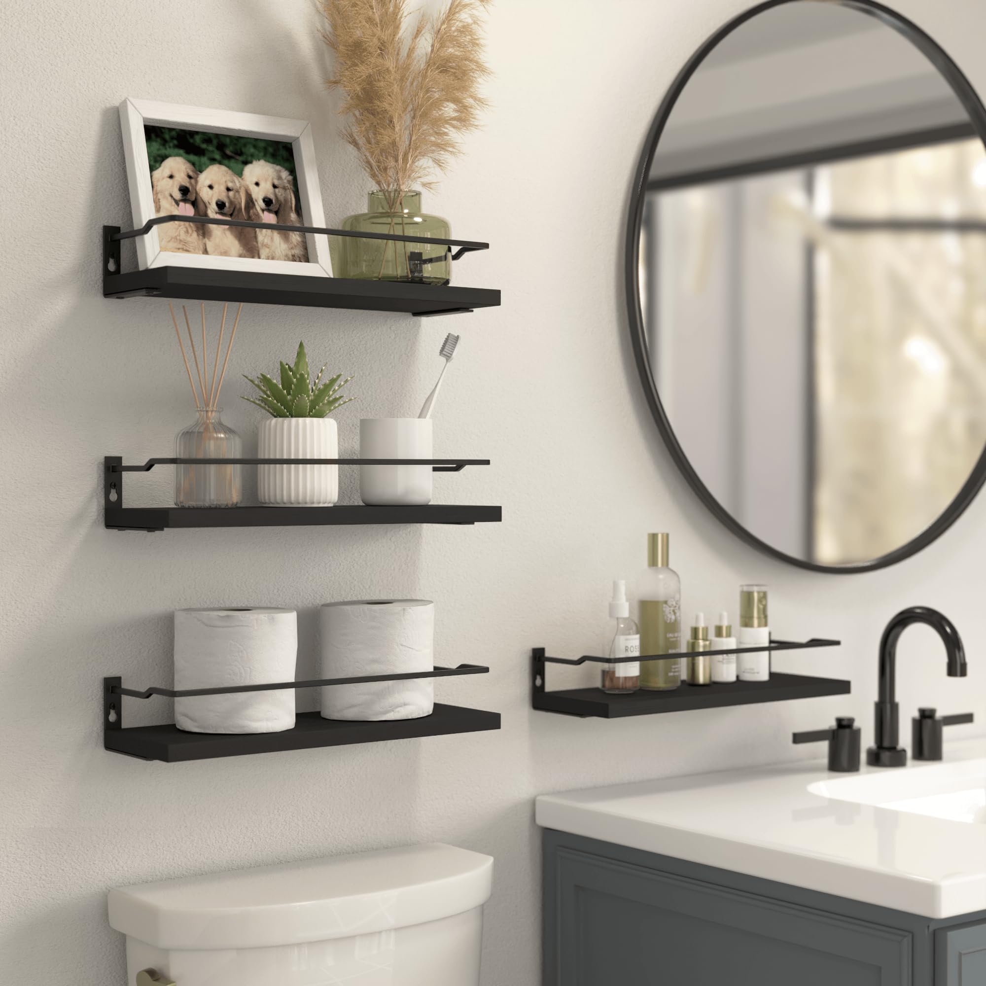 Bathroom Floating Shelves with Guardrail, Set of 4 Wall Mounted Small Storage Bathroom Shelves, Rustic Bathroom Shelves Over Toilet, Wall Shelves for Kitchen Living Room Bedroom - Black- Carbonized Black-White