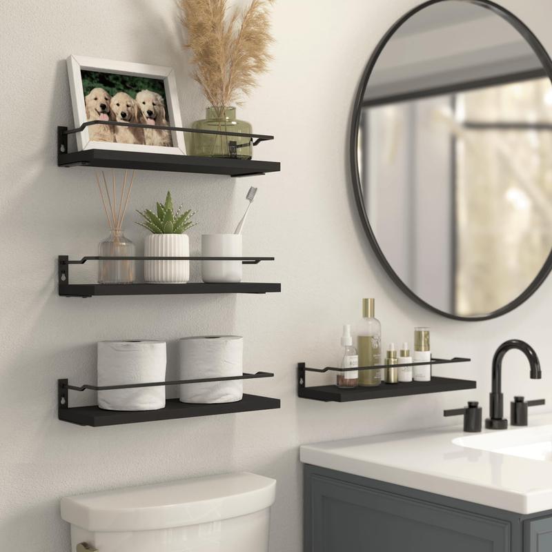 Bathroom Floating Shelves with Guardrail, Set of 4 Wall Mounted Small Storage Bathroom Shelves, Rustic Bathroom Shelves Over Toilet, Wall Shelves for Kitchen Living Room Bedroom - Black- Carbonized Black-White
