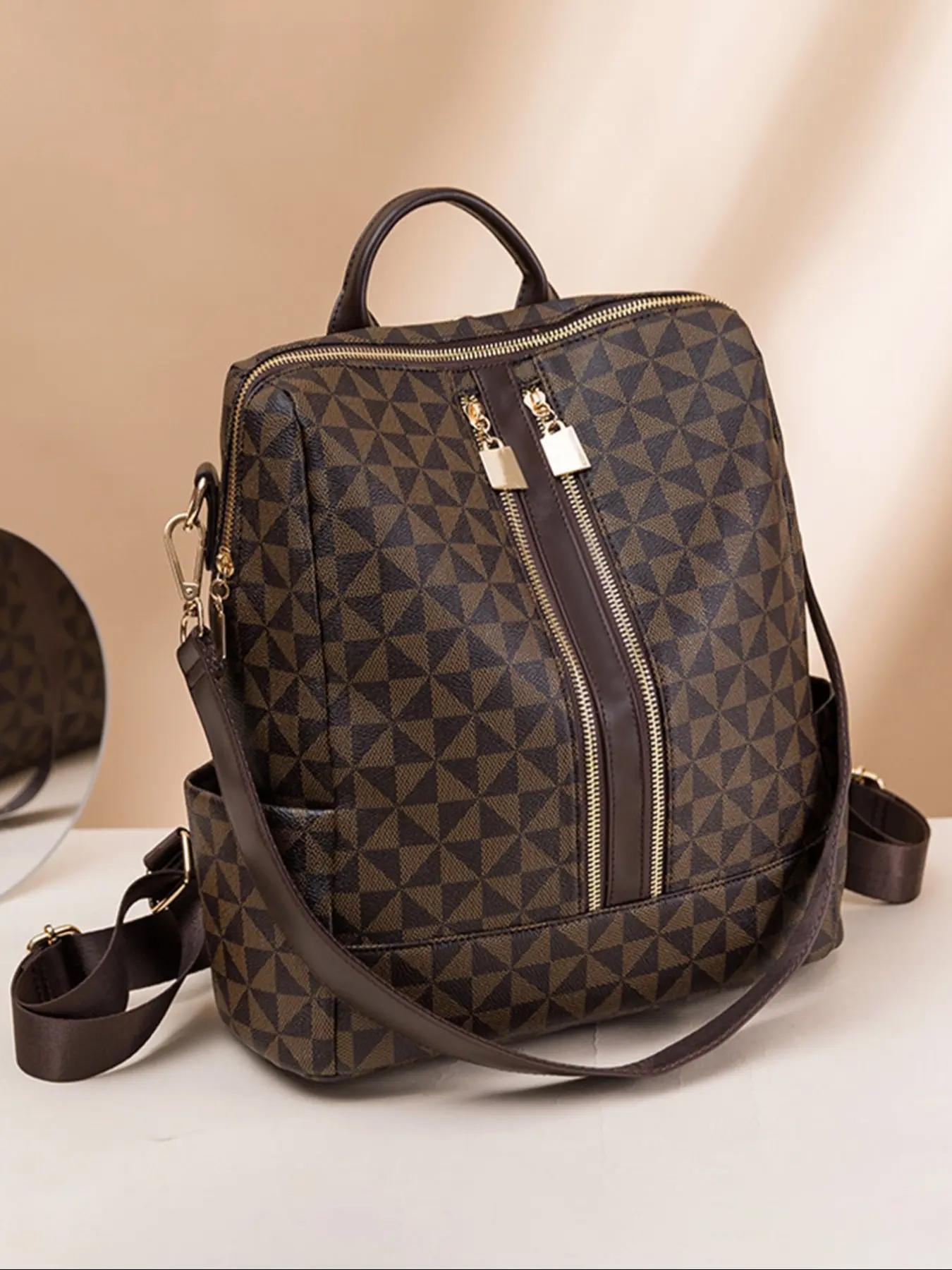 Fashionable Geometric Pattern Backpack & Wristlets Bag, Casual Printed Backpack, Lightweight Casual Daypack, Casual Large Capacity Backpack, Trendy Versatile Travel Durable Backpack for Women