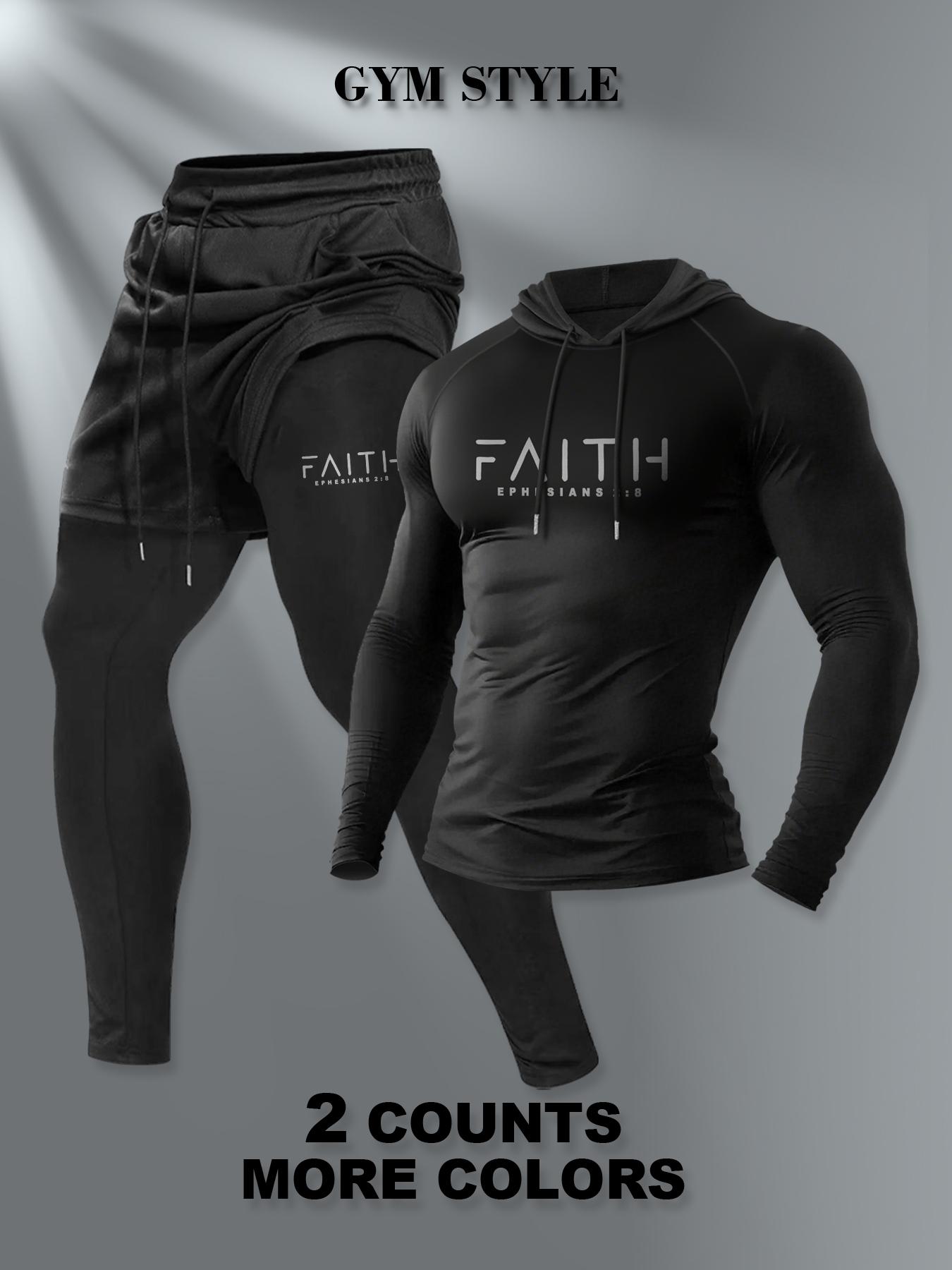 Men's Hooded Long Sleeve T-Shirt + Faux Two-Piece Pants Set, Casual Fall & Winter, Moderate Fabric, Fitted Style