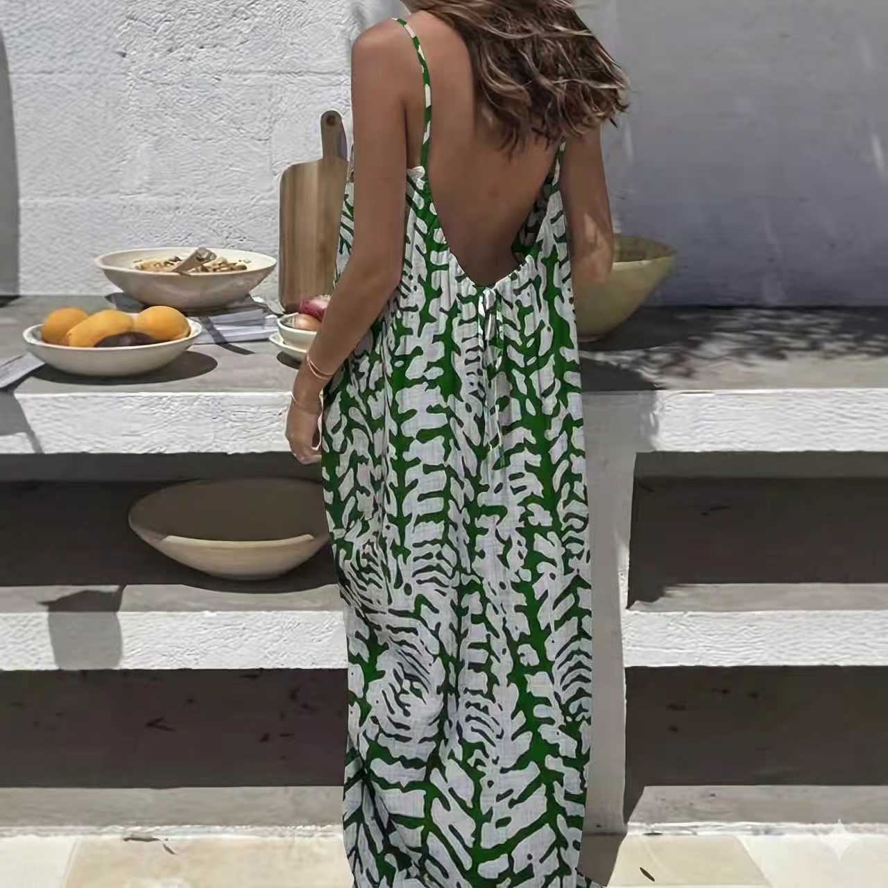 2026 Women's Nightdress Printed Halter Neck Backless Loose Nightgown Casual Homewear in Leopard Print