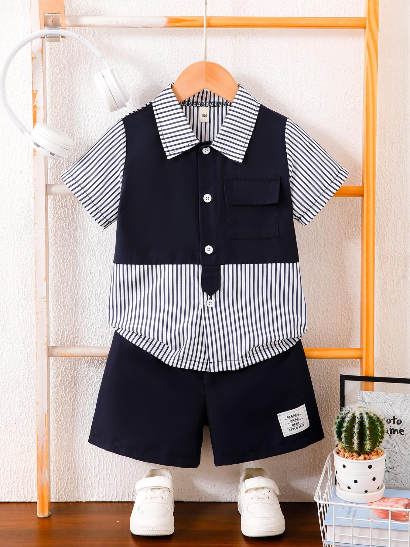 Boys' Summer New Set, Button Front Collar Shirt Short Sleeve Fake Two-Piece Design, Navy and Stripes, Breathable Shorts, 2 Pieces
