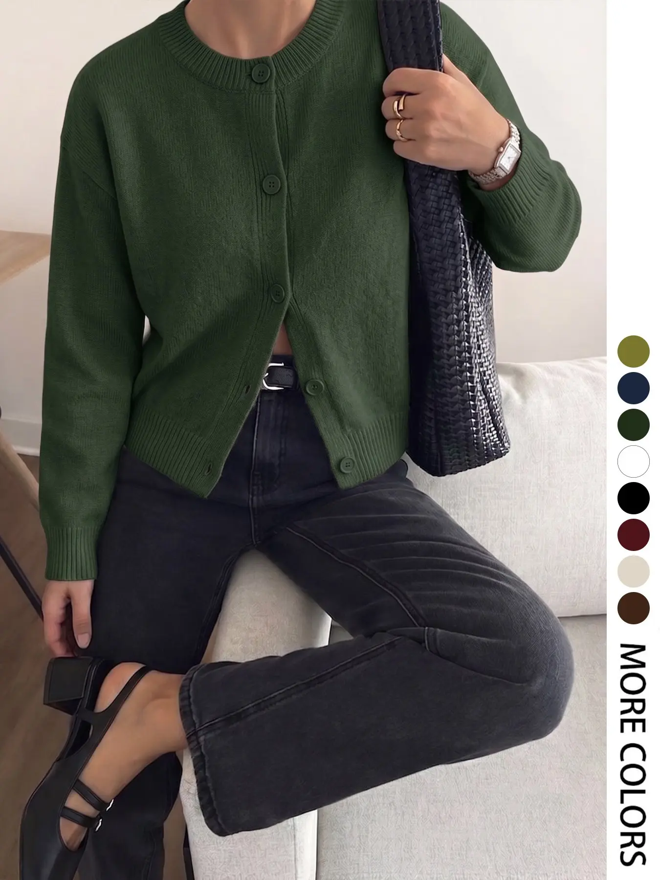 Elegant Women's Fall Winter Fashion Casual Home Office Commute Basic Simple Loose Solid Knit Button Front Shirt Round Neck Long Sleeve Sweater Coat Top Knitwear