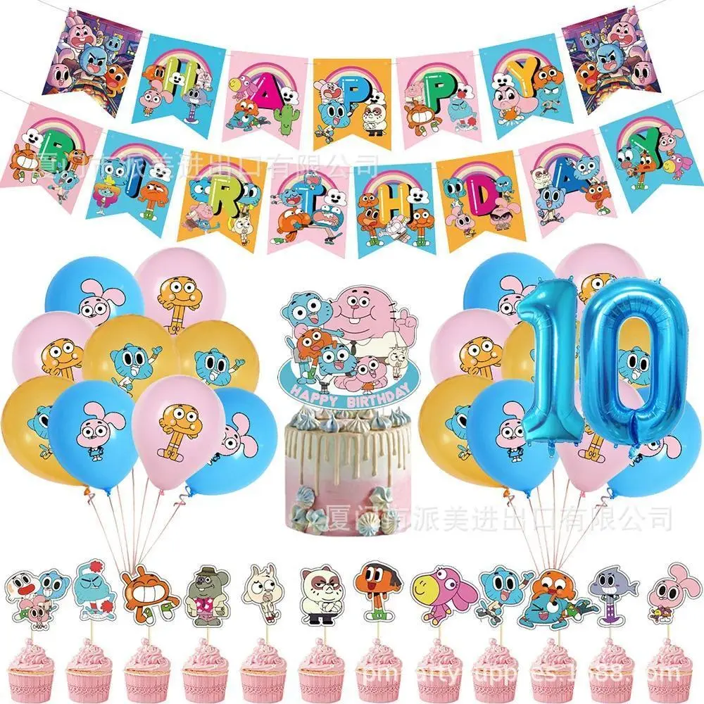2026 New hot item Cartoon Comedy G-Gumball Birthday Party Decorations Colorful Number Balloon Cake Topper Amazing World Party Supplies Kid Gifts