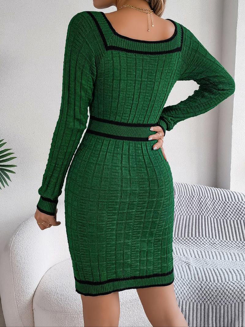 Women's Striped Print Button Decor Raglan Sleeve Sweater Dress, Casual Long Sleeve Square Neck Bodycon Knit Dress for Spring & Fall, Women's Knitwear for Daily Wear, Casual Dresses