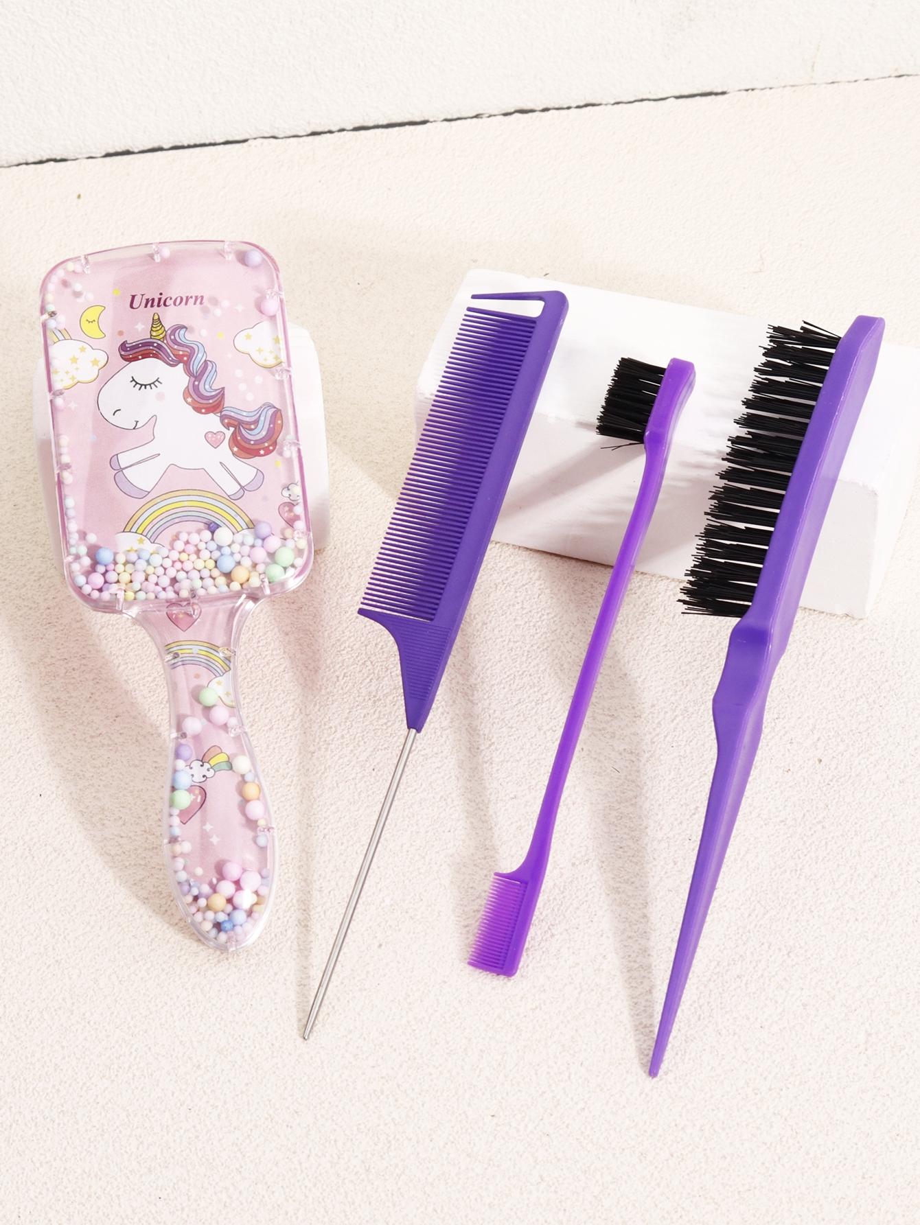 4-Piece Hair Styling Set, Cartoon Sand Cushion Massage Comb, Nylon Brush, Tail Comb, Edge Control Brush, Durable Abs Handle