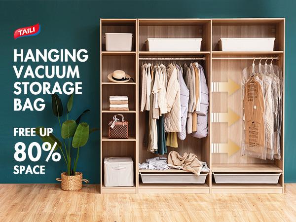 TAILI Hanging Vacuum Storage Bags Space Saver Bags, Set of 4 (2 Long, 2 Short), Clear Vacuum Sealer Bags for Clothing, Suits and Jackets, Closet Organizers and Storage Hangable